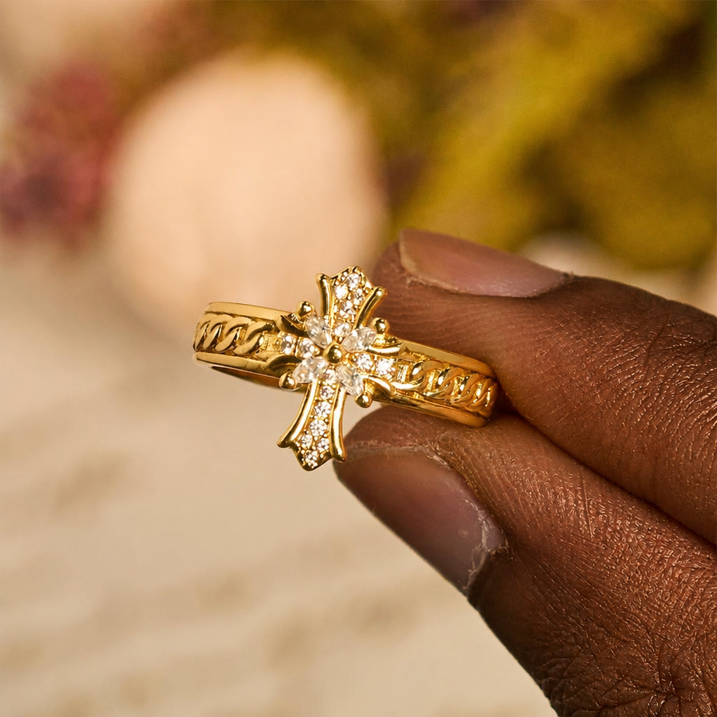 Zircon Cross Enamel Fleur-de-Lis Ring Set: Emblem of Divine Purity & Redemption