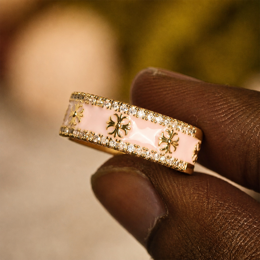 Zircon Cross Enamel Fleur-de-Lis Ring Set: Emblem of Divine Purity & Redemption