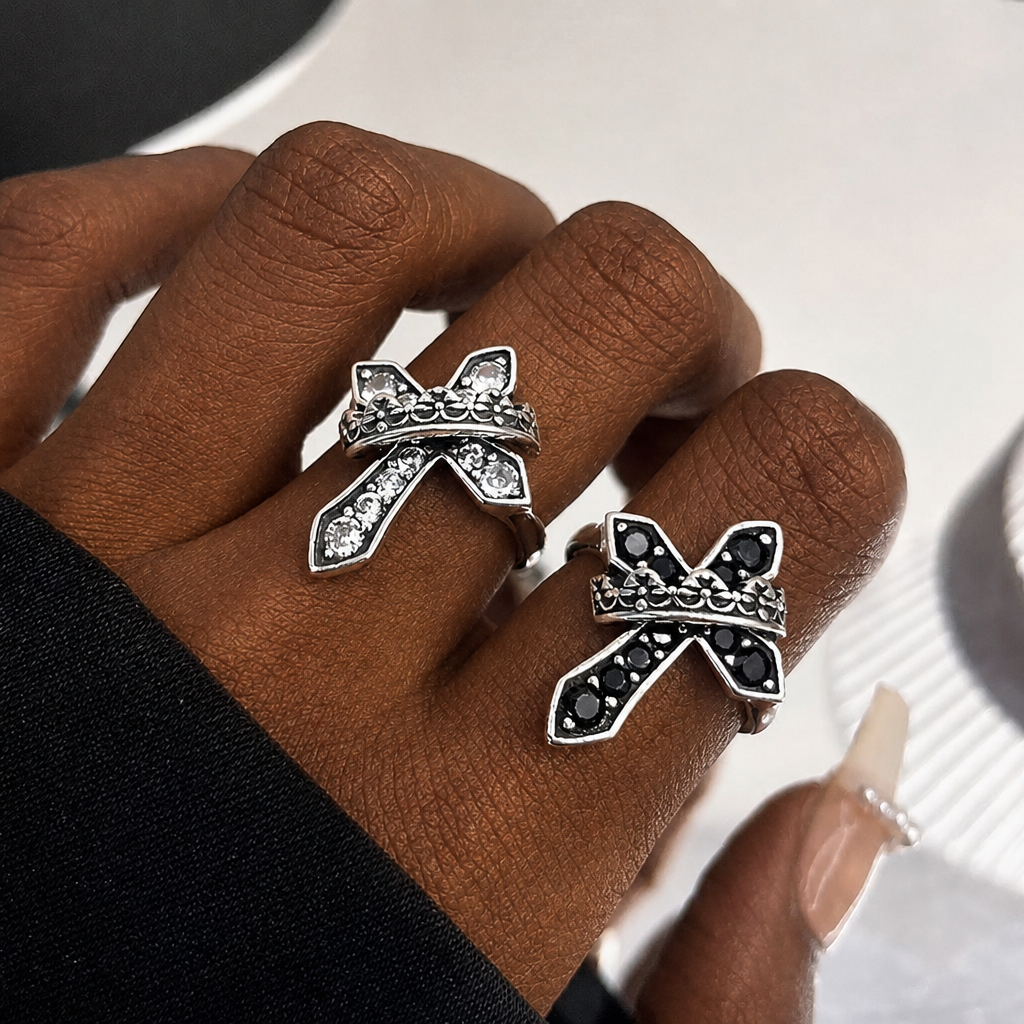 2colors Modern Ring with Cross & Regal Crown: Bold Fusion of Faith and Royalty