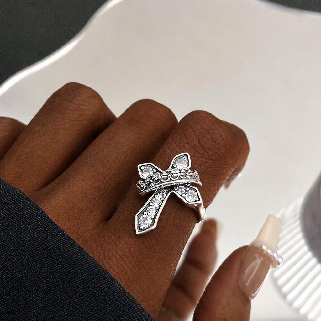 2colors Modern Ring with Cross & Regal Crown: Bold Fusion of Faith and Royalty