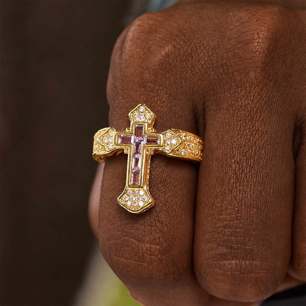 Central Cross Motif Ring with Cubic Zirconia Accents: Carry His Care in Daily Wear