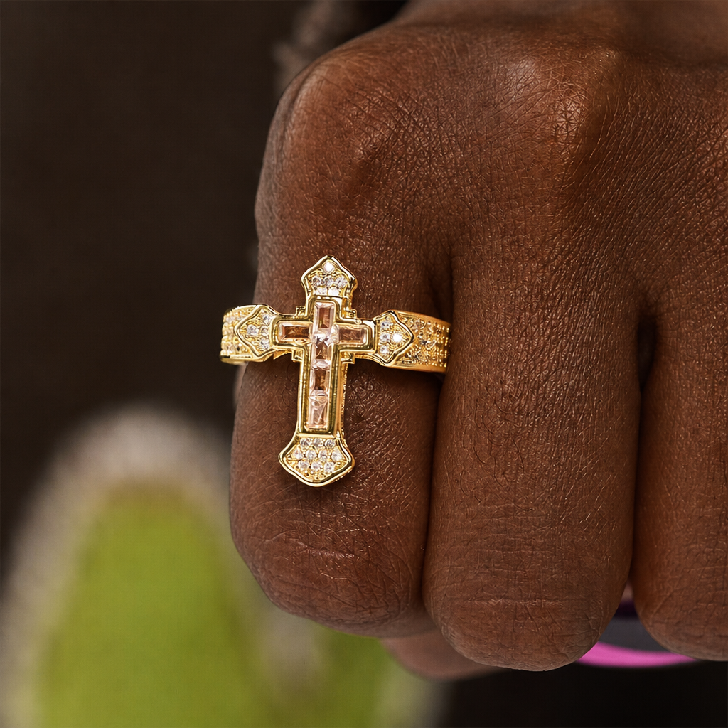 Central Cross Motif Ring with Cubic Zirconia Accents: Carry His Care in Daily Wear