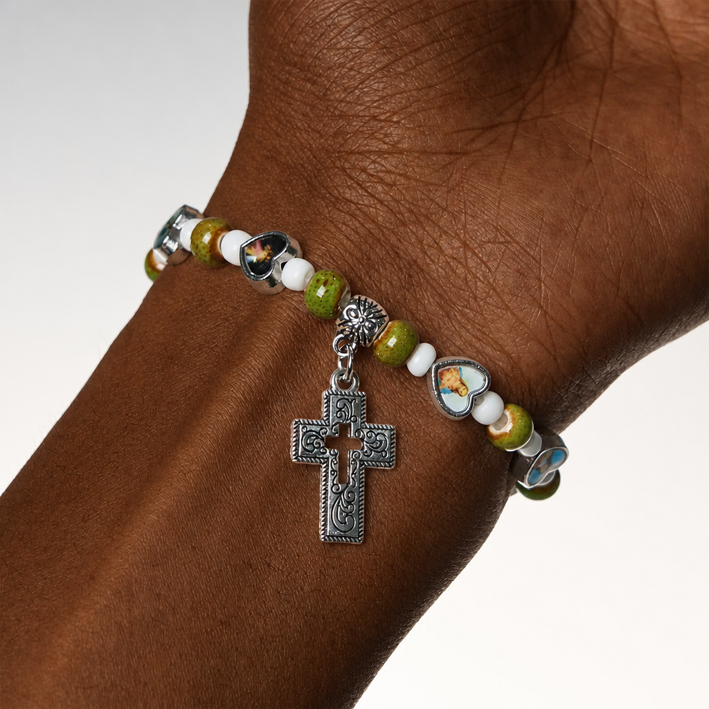 Colorful Glass & Ceramic Bead Bracelets with Cross and Saints Heart Charms
