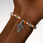 Colorful Glass & Ceramic Bead Bracelets with Cross and Saints Heart Charms
