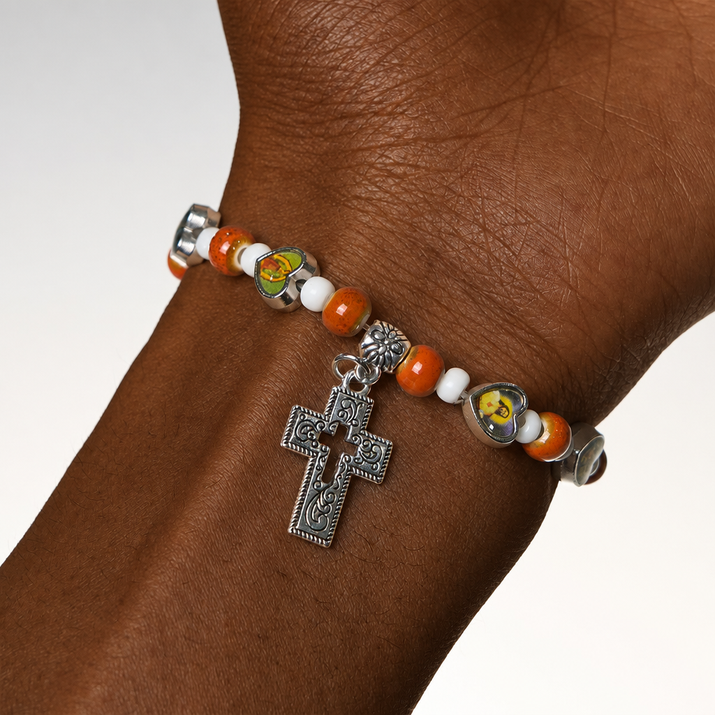 Colorful Glass & Ceramic Bead Bracelets with Cross and Saints Heart Charms
