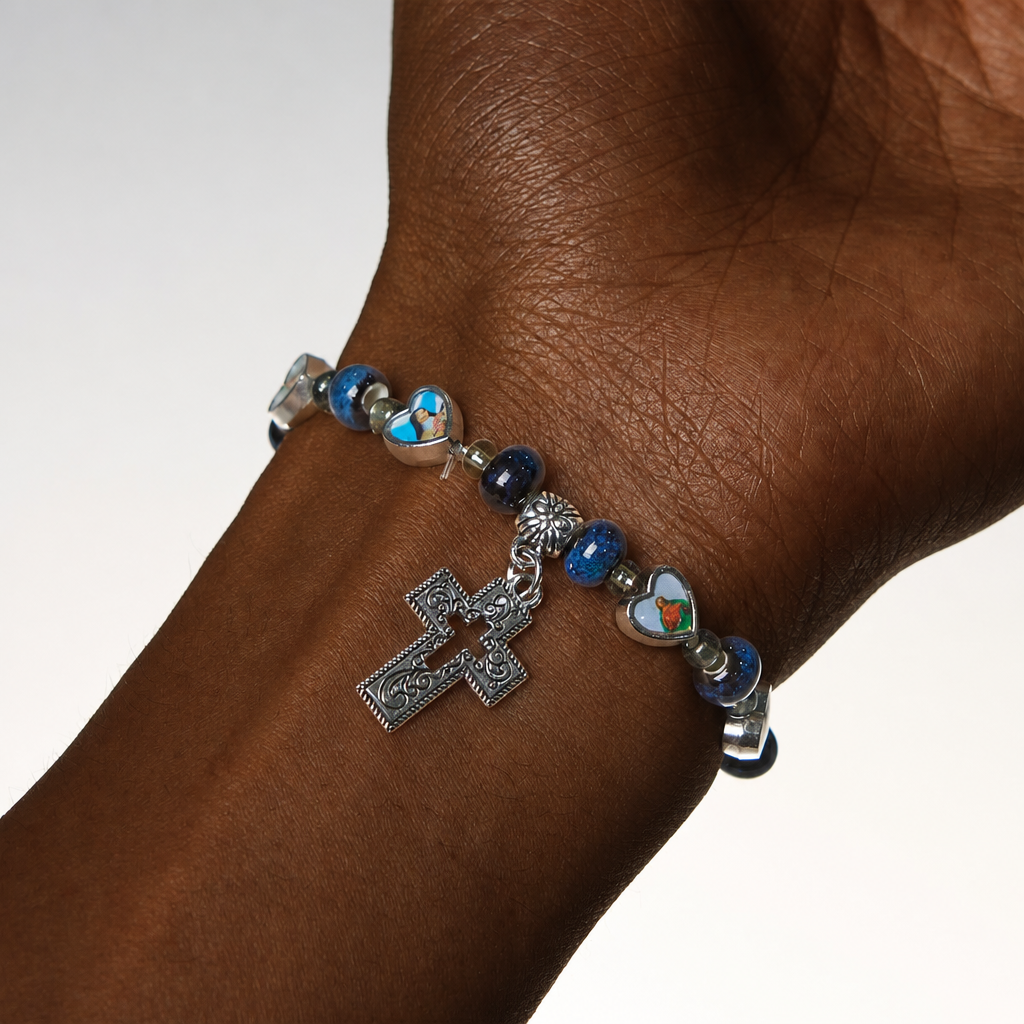 Colorful Glass & Ceramic Bead Bracelets with Cross and Saints Heart Charms