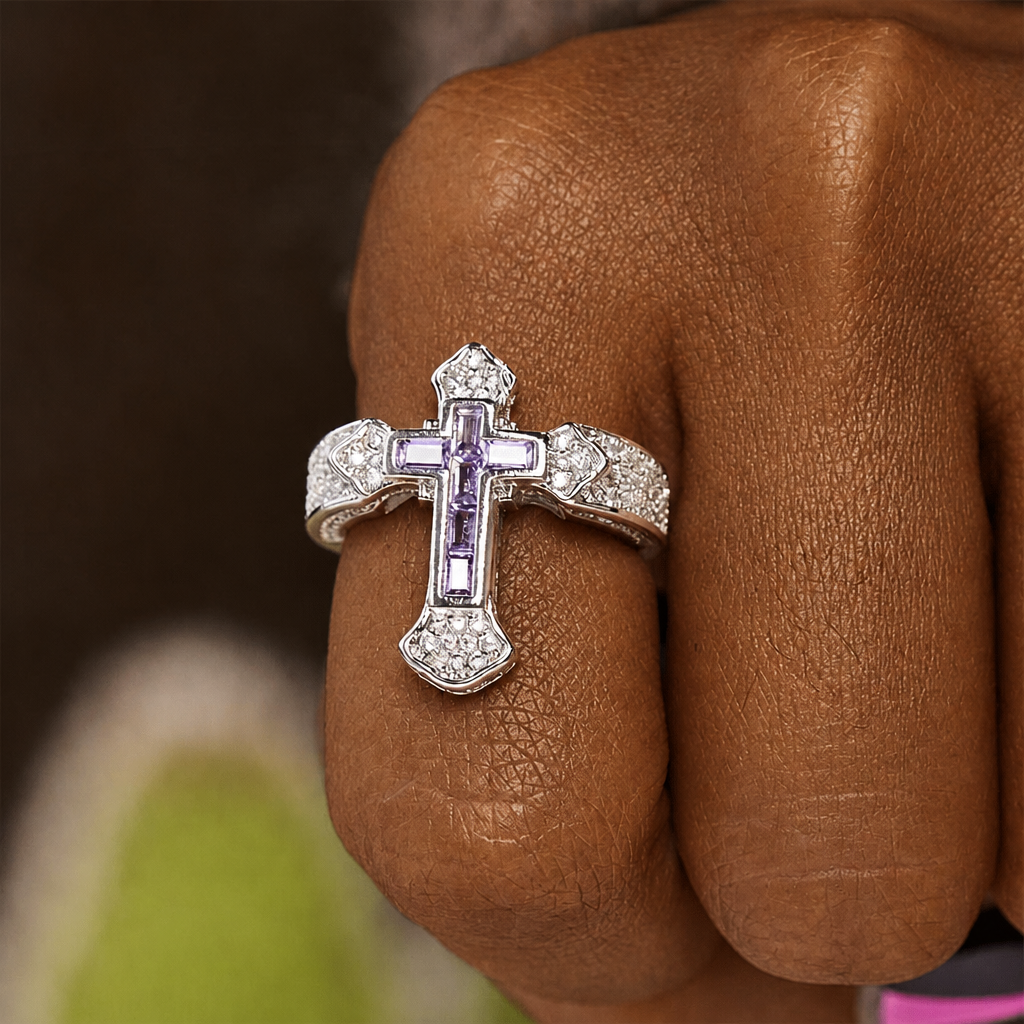 Central Cross Motif Ring with Cubic Zirconia Accents: Carry His Care in Daily Wear