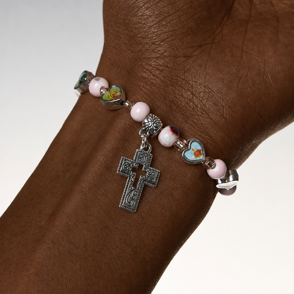 Colorful Glass & Ceramic Bead Bracelets with Cross and Saints Heart Charms