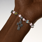 Colorful Glass & Ceramic Bead Bracelets with Cross and Saints Heart Charms