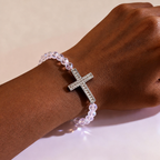 White & Peacock Blue Cross Bracelet: Belief Wrapped in Shimmer