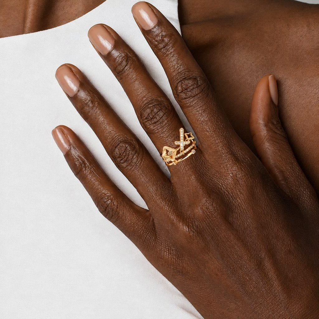 Shimmering Cross Charm Layered Band Ring: Remind of His Quiet Peace