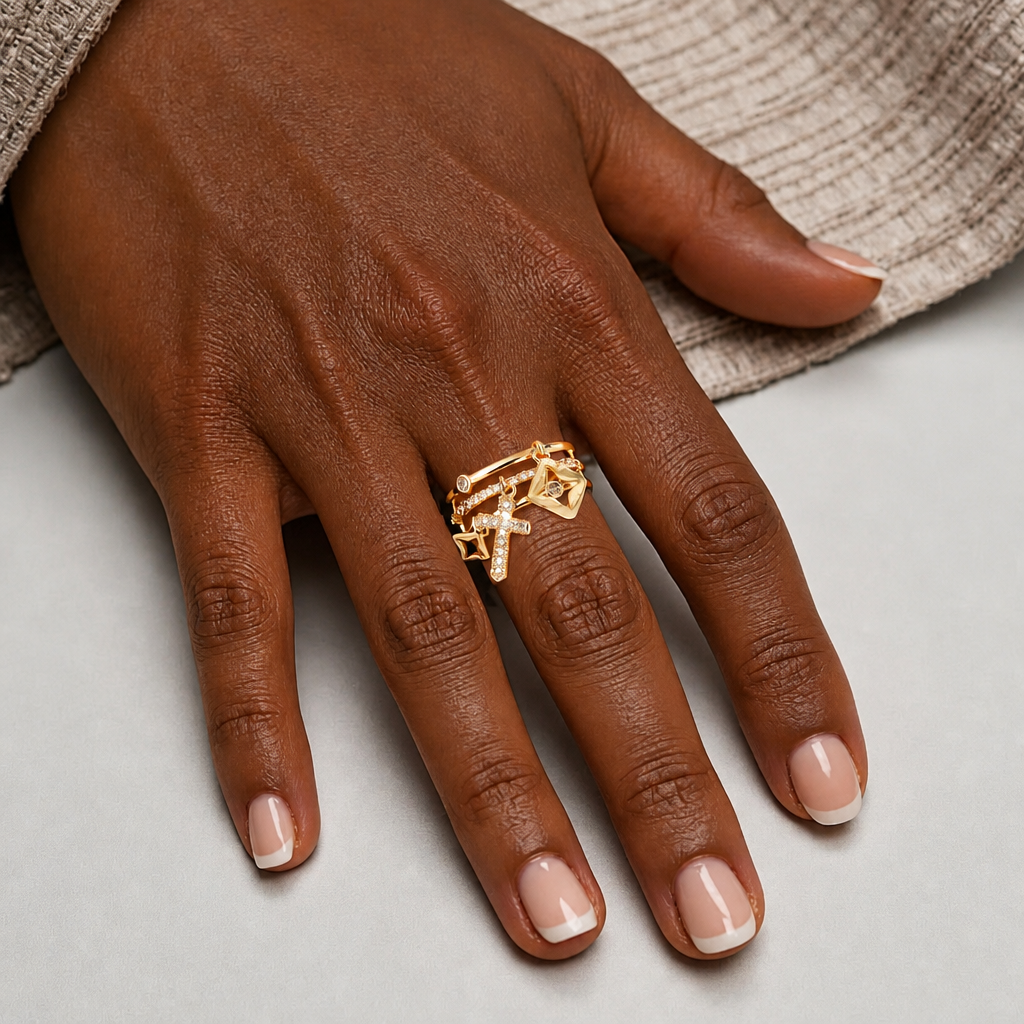 Shimmering Cross Charm Layered Band Ring: Remind of His Quiet Peace