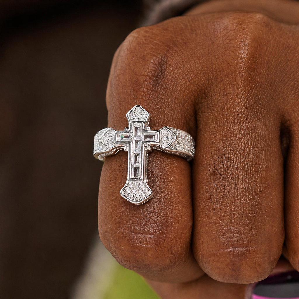 Central Cross Motif Ring with Cubic Zirconia Accents: Carry His Care in Daily Wear