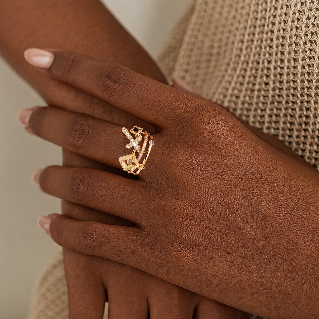 Shimmering Cross Charm Layered Band Ring: Remind of His Quiet Peace