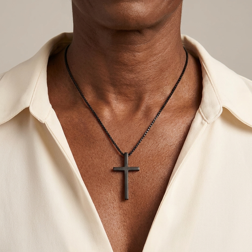 Woman wearing black cross necklace