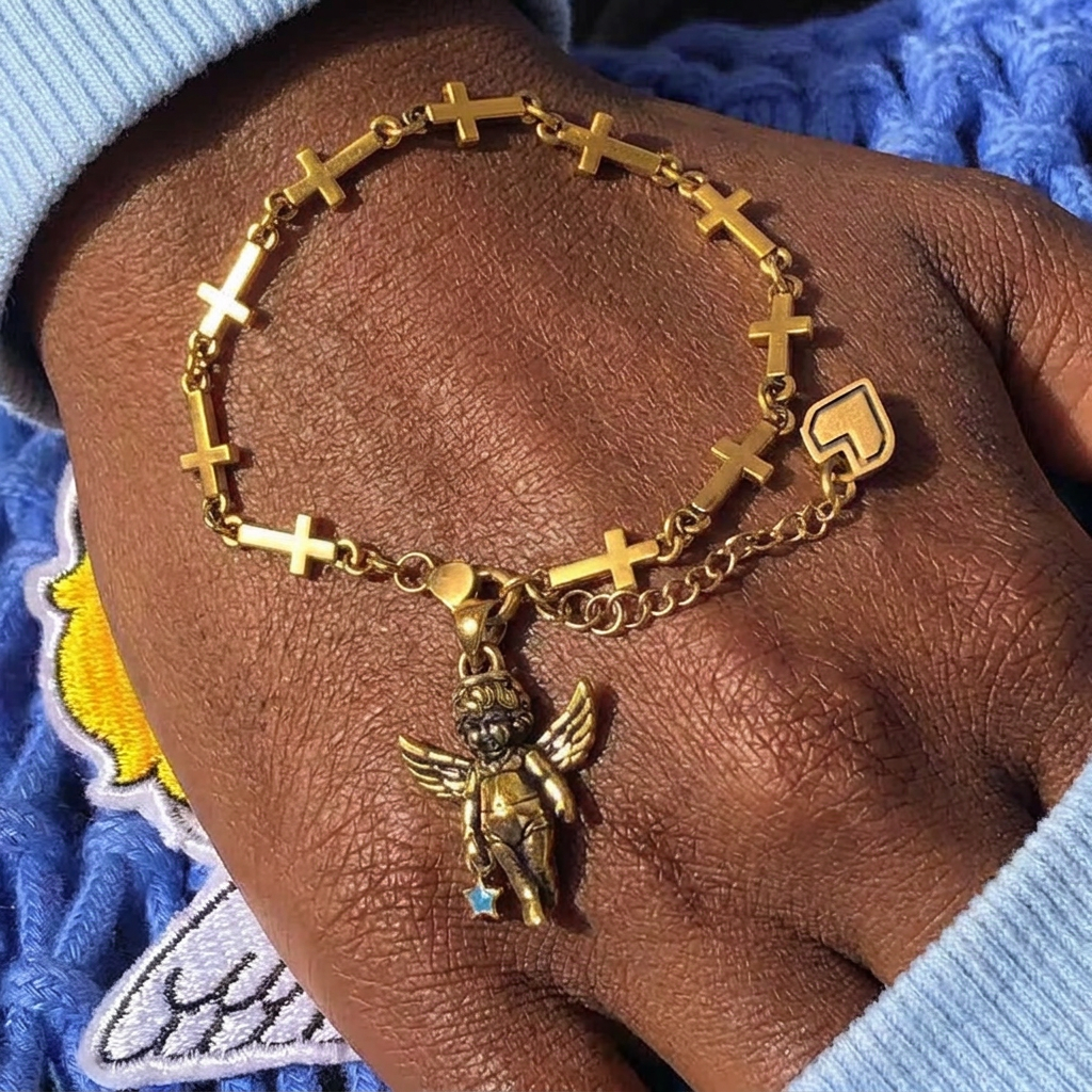 Retro Style Bronze Lucky Star Angel & Heart Cross Bracelet