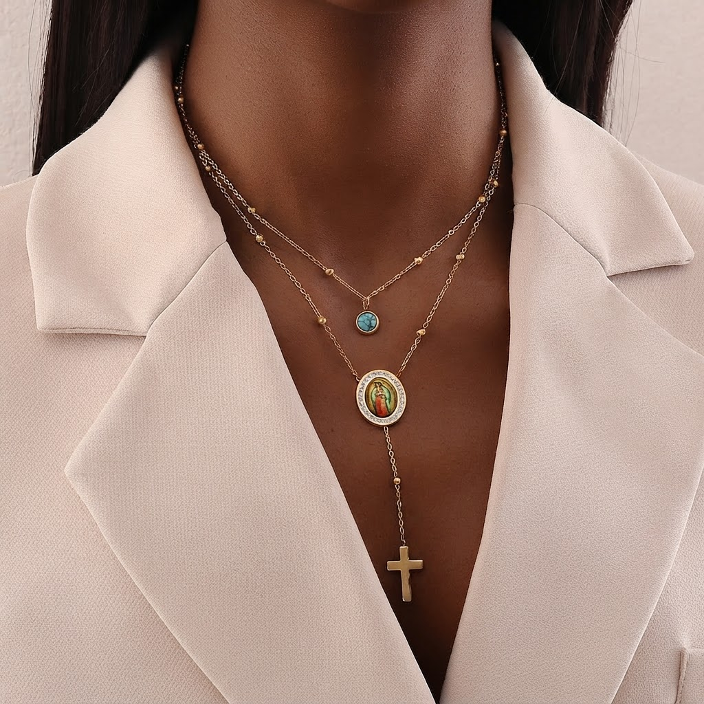 Minimalist Style Double Layered Our Lady of Guadalupe Turquoise Cross Necklace